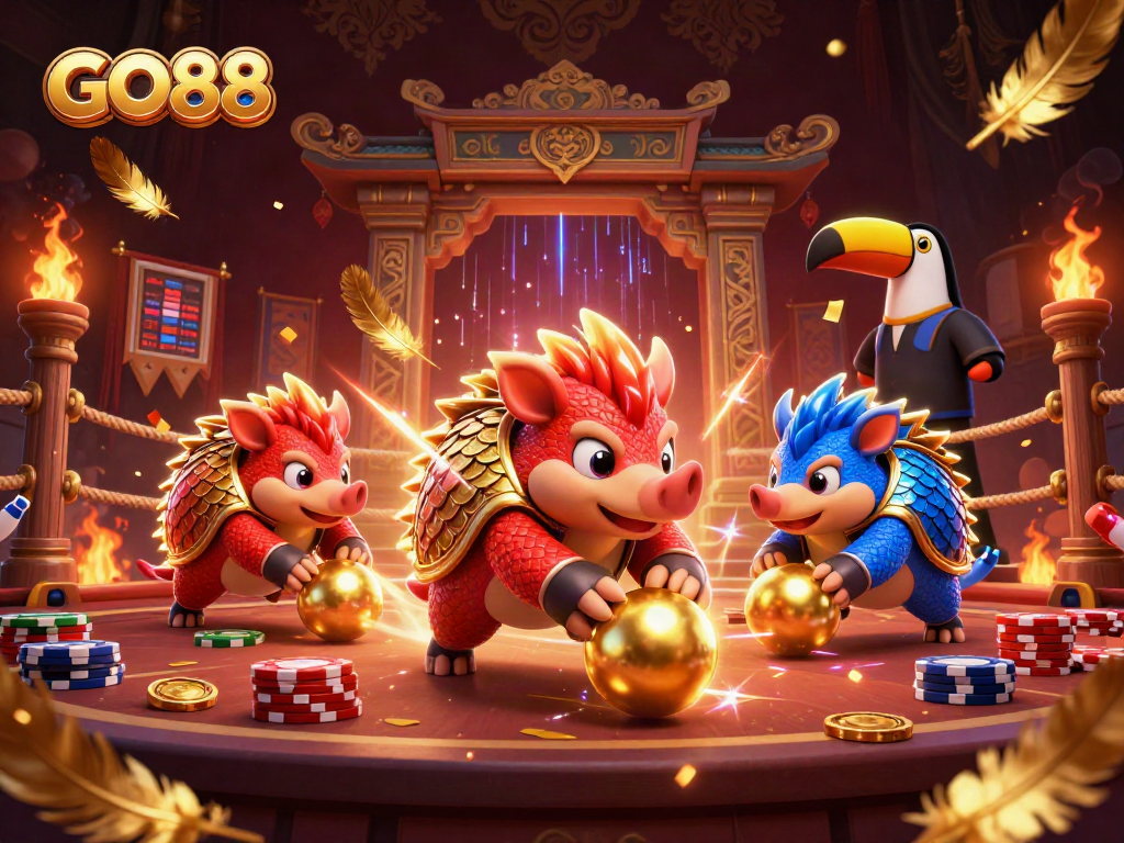 Engage with GO88's exhilarating gameplay as pangolins collide amidst poker chips and golden treasures.