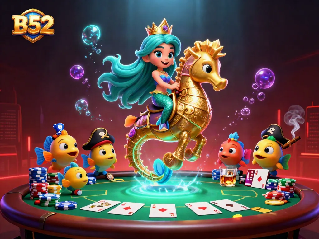 B52 themed casino illustration featuring a mermaid princess at a vibrant poker table