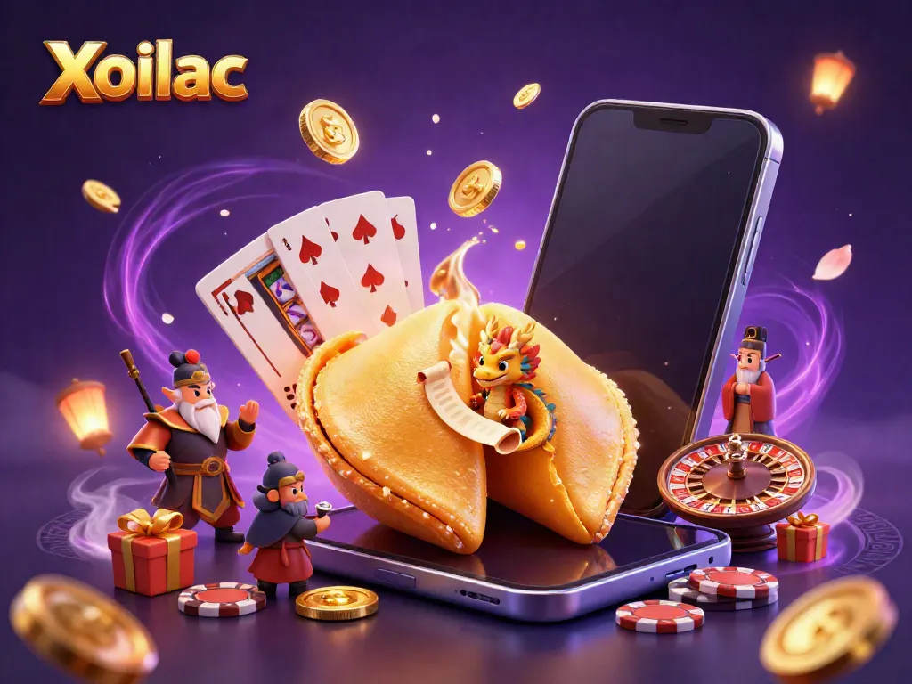 Xoilac multiplies excitement with a golden fortune cookie scene illustrating vibrant slot game action.