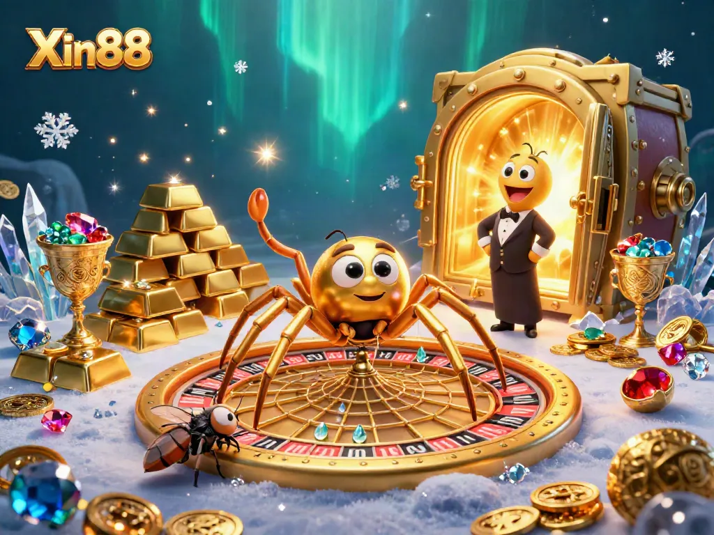 Engage in thrilling betting action at Xin88, featuring a 3D spider-themed roulette wheel with unique characters.