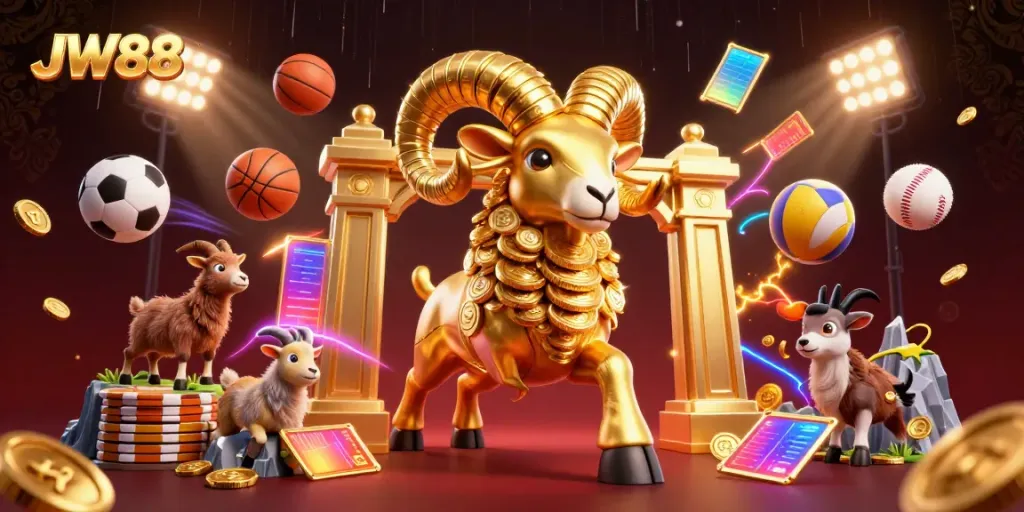 Experience thrilling gaming at JW88 with dynamic sports elements and a majestic golden ram.