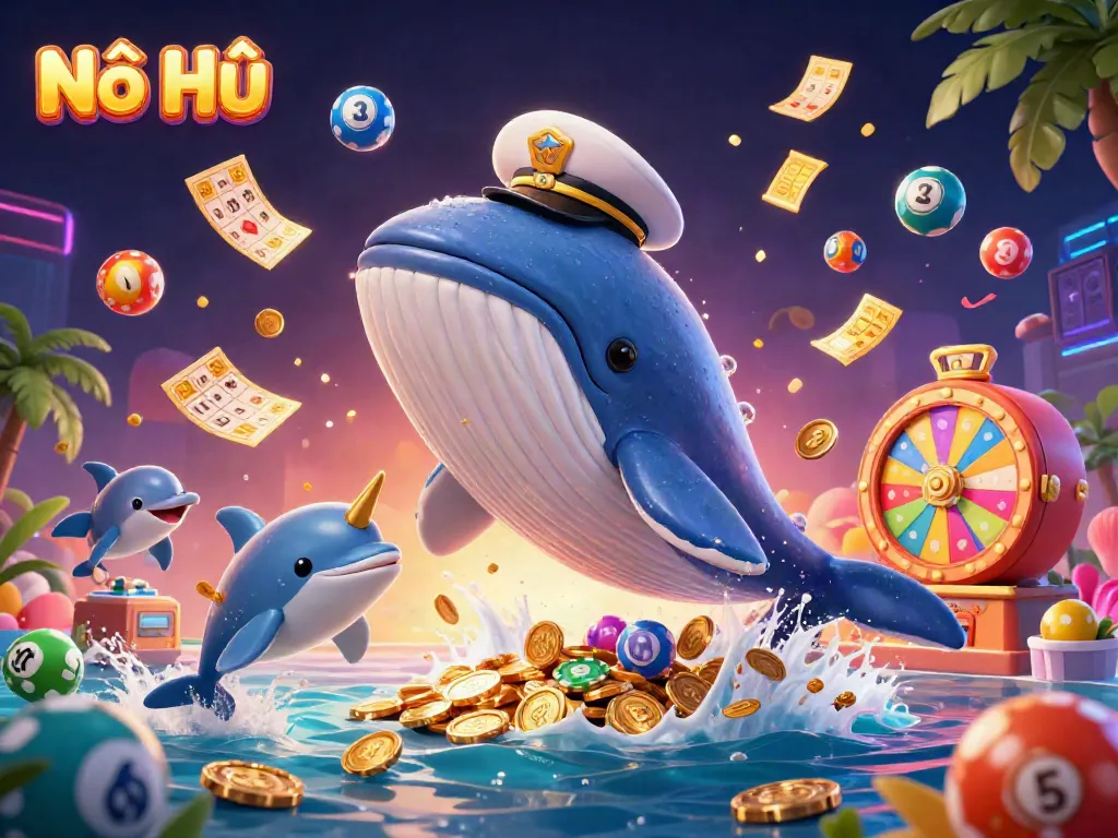 Nổ Hũ offers an exciting gaming experience with a playful whale, narwhal, and dolphins in a vibrant casino scene.