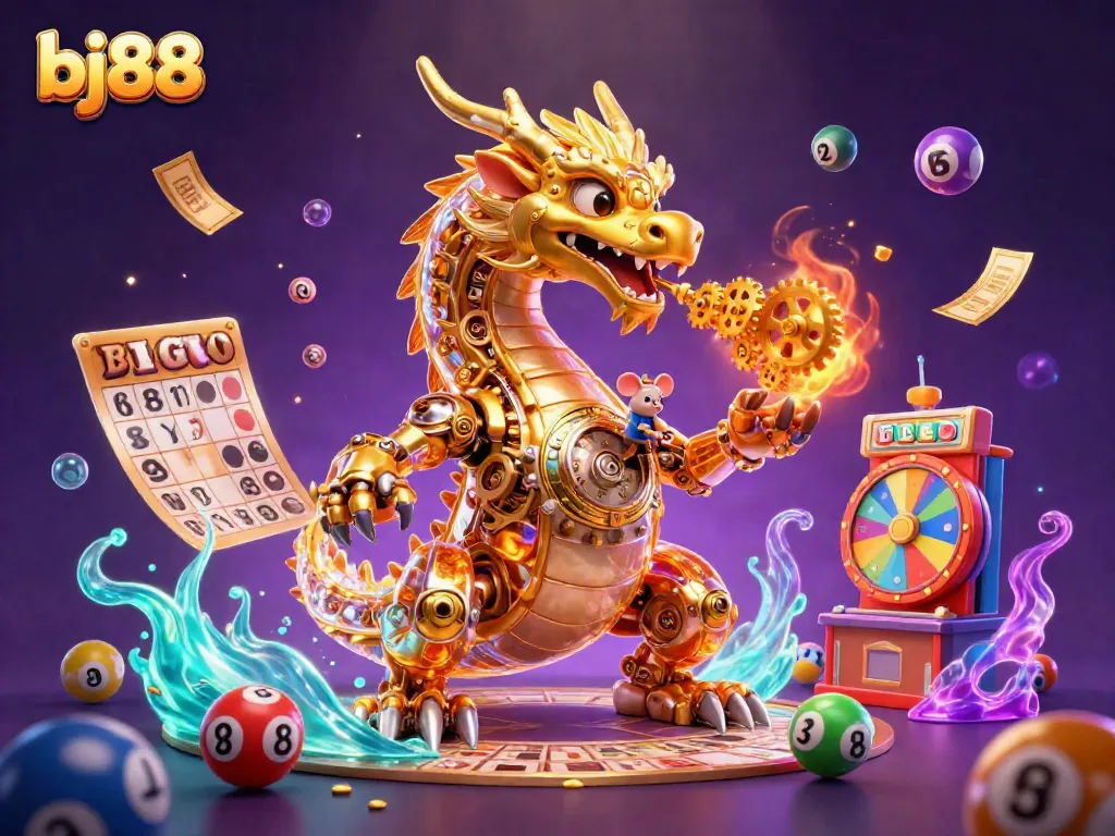 Experience the thrill of bj88 with a dynamic fantasy casino scene featuring a golden dragon and gaming elements.