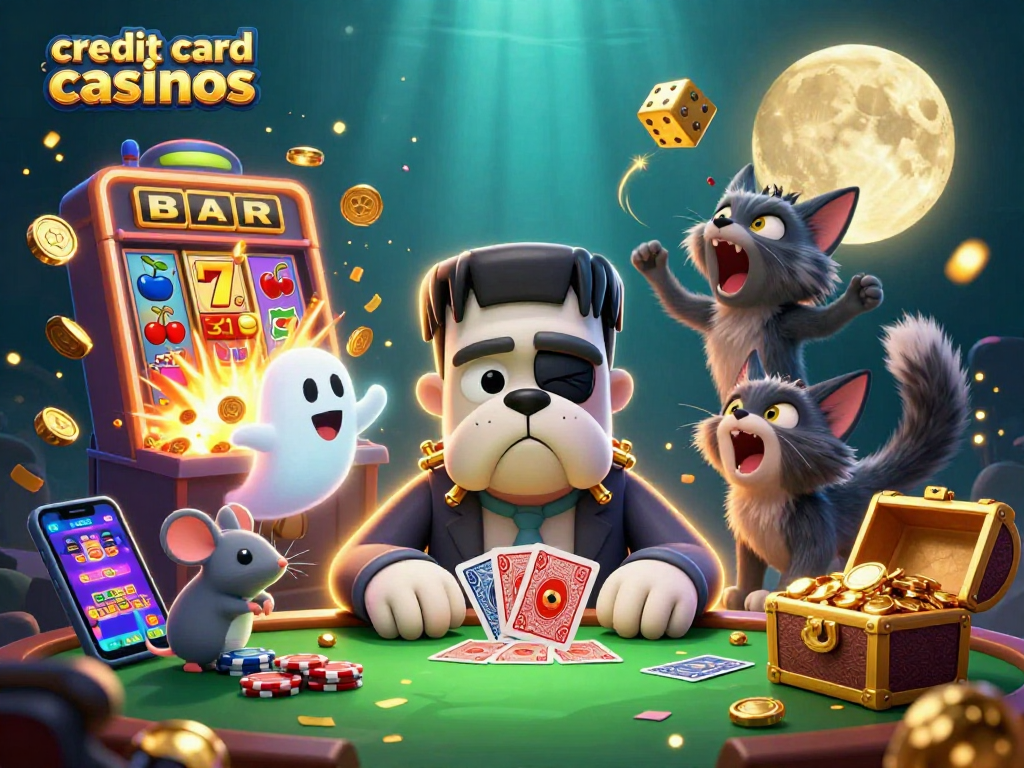 A spooky illustration of credit card casinos with a ghostly atmosphere, featuring a Frankenstein bulldog dealing cards and a werewolf kitten nearby.