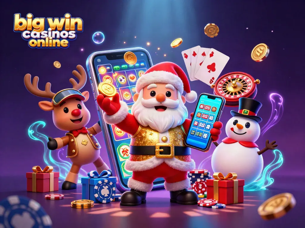 Experience exciting big win casinos online with Santa, reindeer, and snowman in a vibrant casino scene.