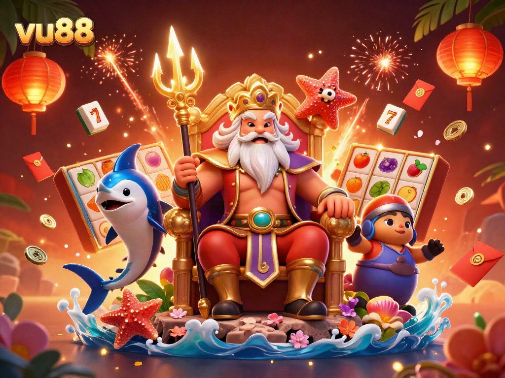 Experience gaming excitement with vu88 featuring a vibrant scene of Neptune surrounded by slot reels and festive elements.