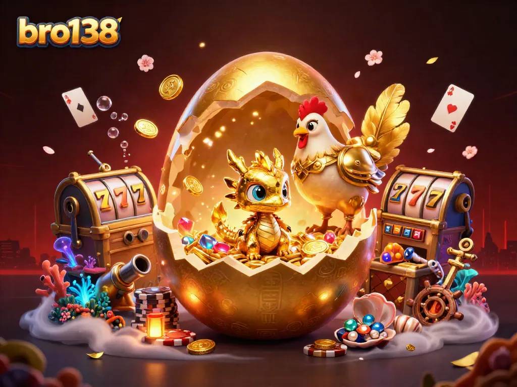 Win big with bro138 in this vivid 3D scene featuring golden elements and vibrant casino symbols.