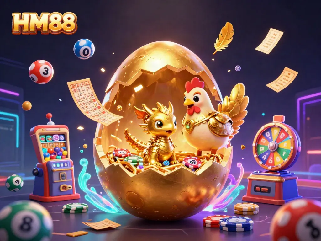 Experience the thrill of HM88 with a dazzling golden dragon emerging from a gambling nest, surrounded by lottery and casino elements.