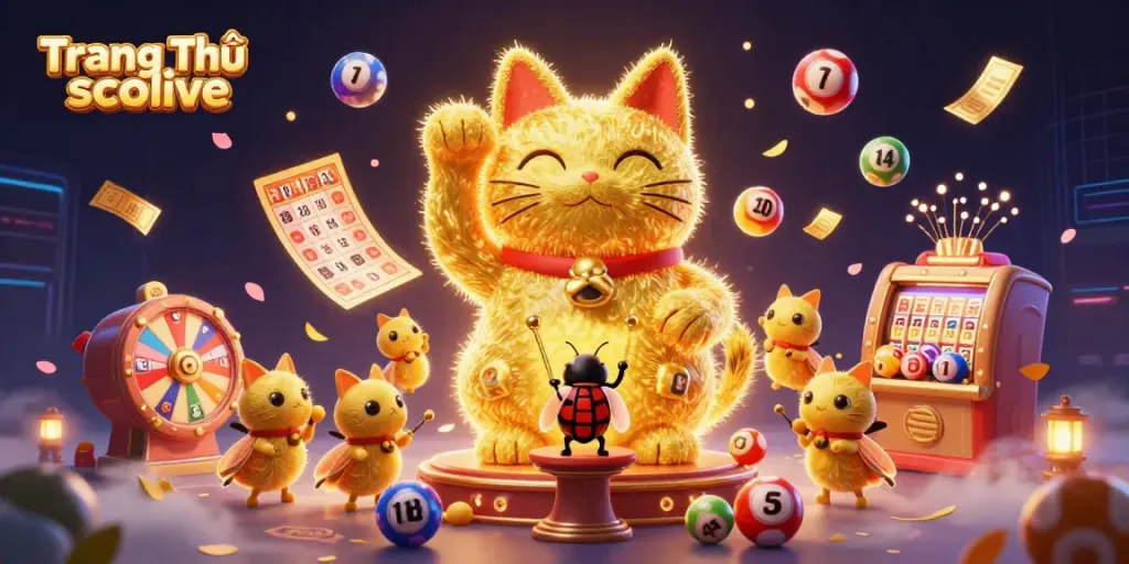 Experience the excitement of Trang Chủ socolive with golden fireflies and vibrant lottery elements in a colorful, dynamic scene.