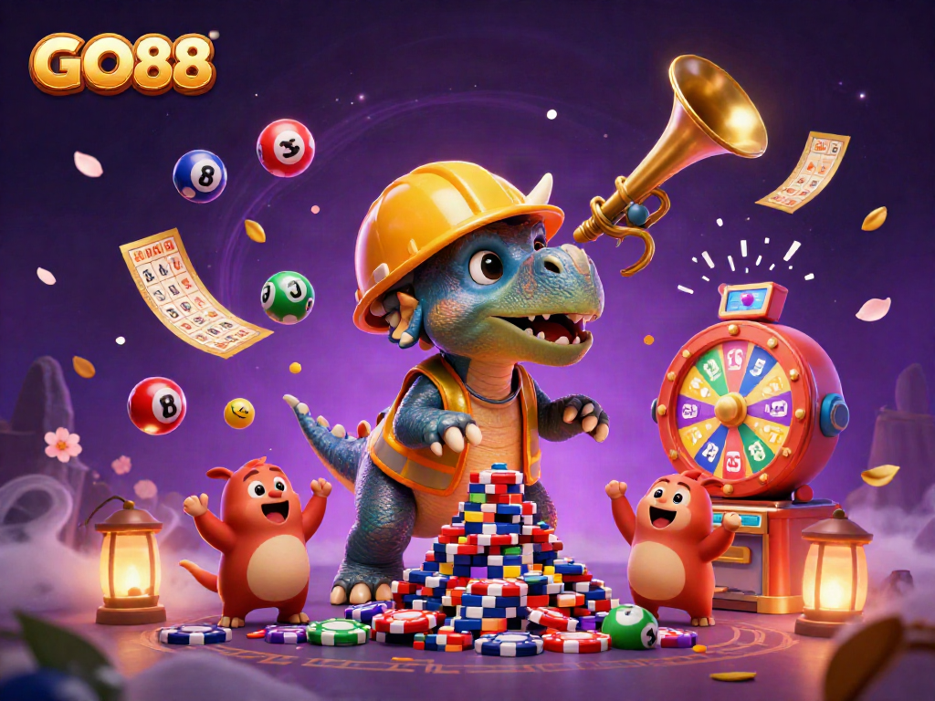 GO88 players build their poker chips pyramid while vibrant lottery balls bounce in the air