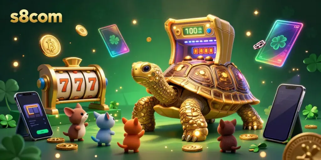 Spin for riches with s8com's thrilling slot reels showcasing a golden tortoise and delightful animated characters.