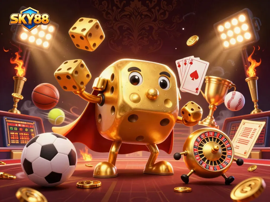 Sky88 offers thrilling sports betting and casino action, featuring golden dice golem and dynamic game elements.