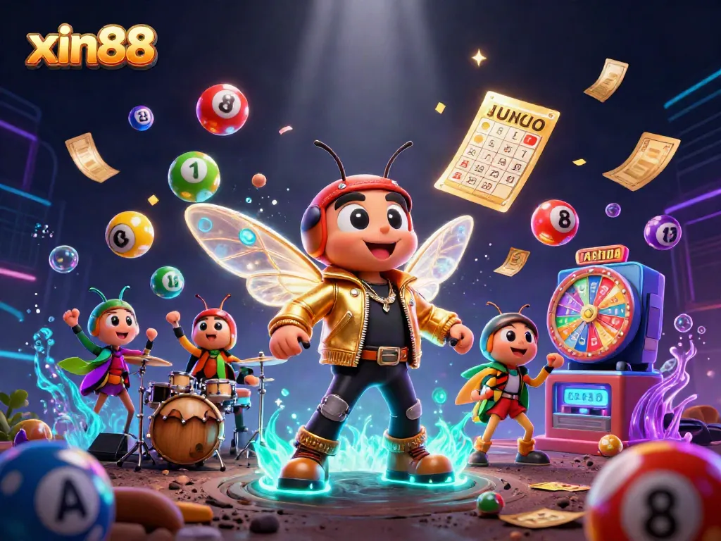 Experience the excitement of xin88 with a lively 3D illustration featuring a rock star in a casino-themed dynamic scene.