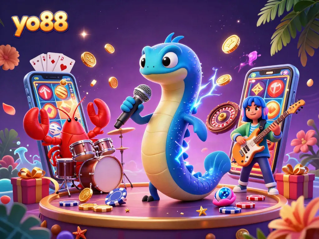 Experience yo88 excitement with this vibrant underwater casino scene featuring dynamic 3D characters and slot game elements.
