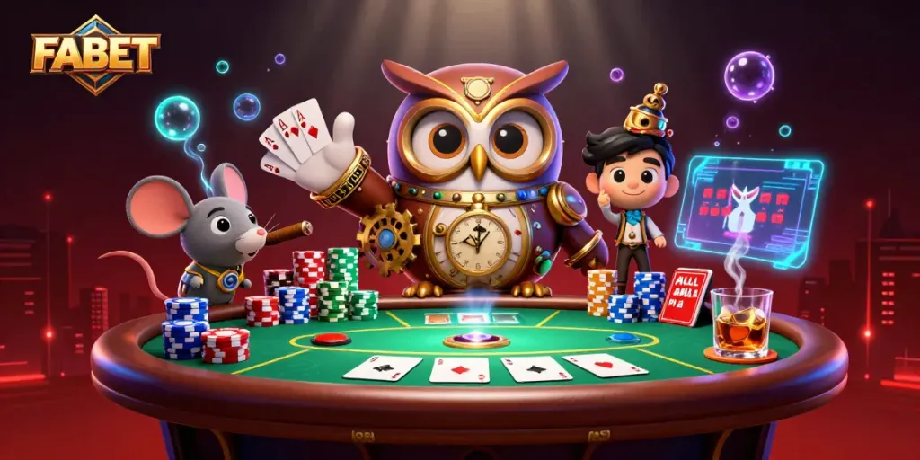 Experience FABET with a vibrant 3D casino digital illustration, showcasing poker excitement and whimsical characters.