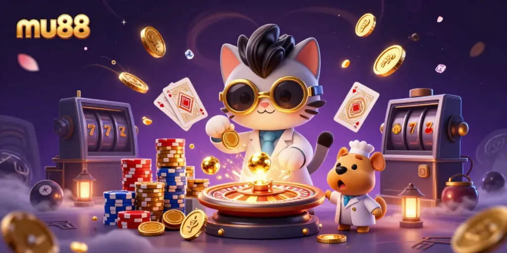 Engage in thrilling gameplay with mu88 featuring cartoon elements of a mad scientist cat and dog in a vibrant casino scene.