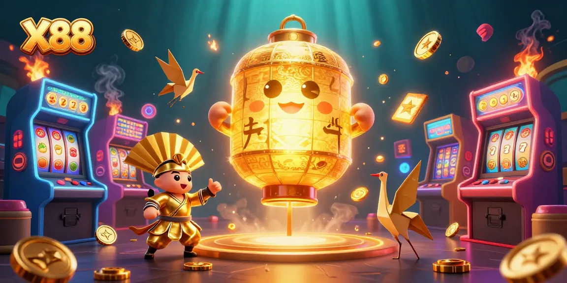 X88: Experience vibrant casino action with a golden lantern spirit and arcade games.