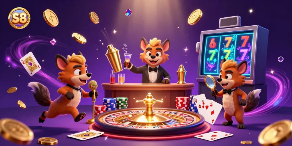 Hyenas entertain in a casino setting while players engage with slot machines and roulette, highlighting S8 gaming.