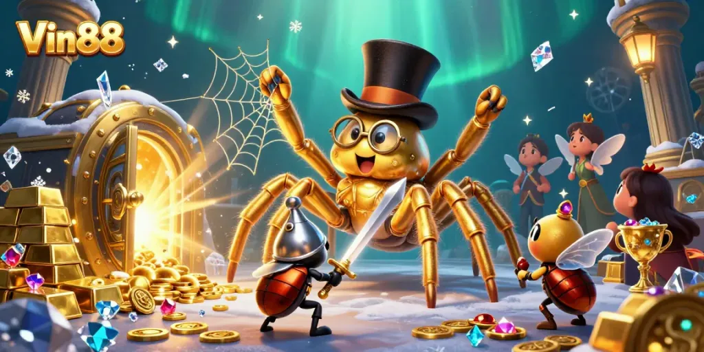 Experience thrilling gameplay at Vin88 with dynamic golden casino elements under the magical northern lights.