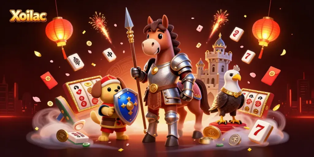 Xoilac's thrilling casino scene showcases a knight, puppy, and falcon amidst vibrant gaming elements.