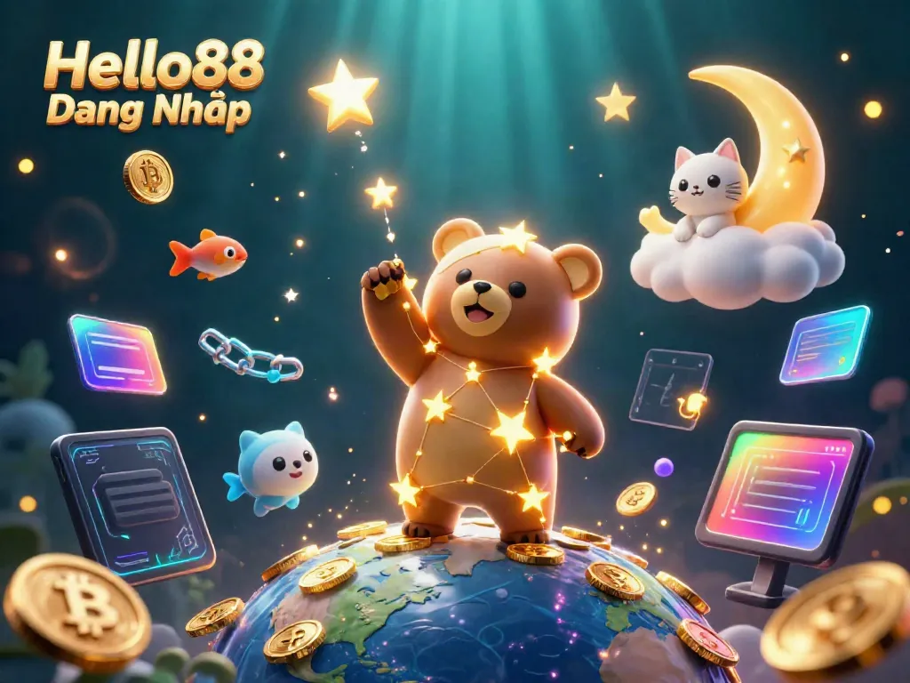 Exciting scene depicting Hello88 Đăng Nhập with golden bear, coins, and crypto elements in a vibrant casino atmosphere