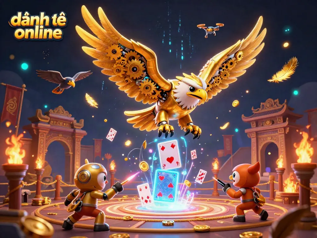Experience the excitement of đánh đề online with a dynamic 3D illustration featuring a golden eagle amidst holographic cards and gaming elements.