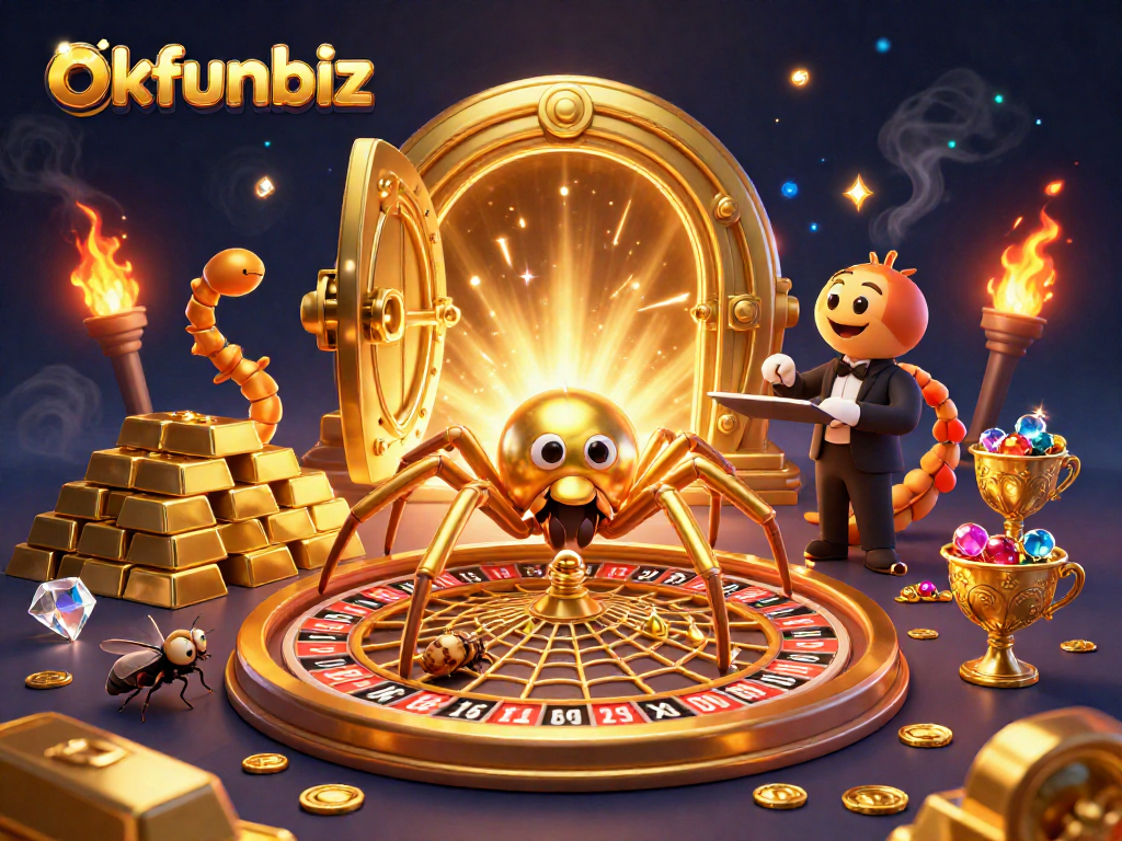 Spin and win with okfunbiz in a vibrant 3D casino scene featuring exciting elements and characters.