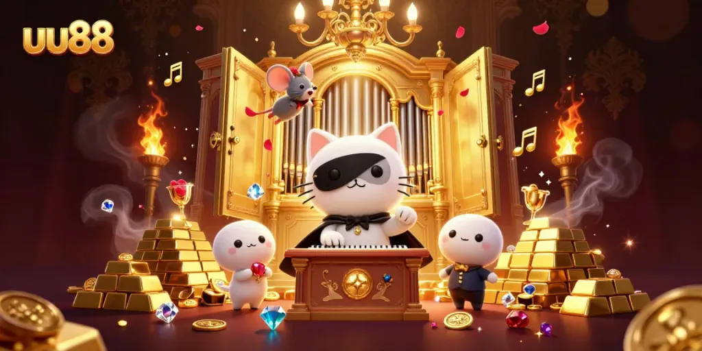 Experience thrilling wins at uu88 with a dazzling casino scene featuring glamorous characters and treasures.