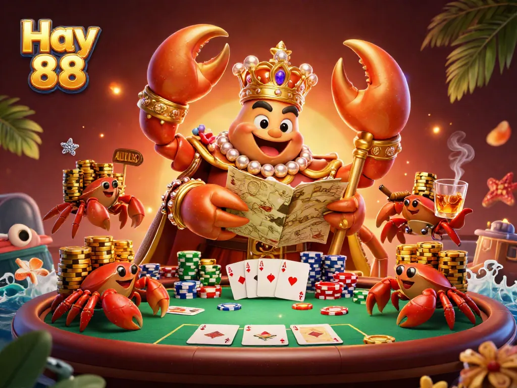 Experience the excitement at Hay 88 with a vibrant casino scene featuring a golden crab emperor and poker elements.