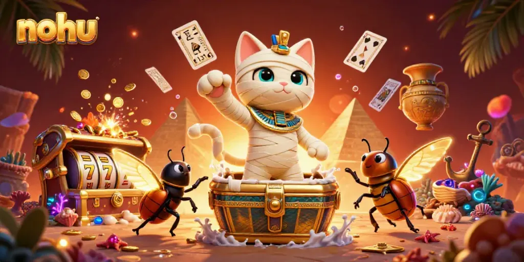 Spin the reels with the nohu Egyptian mummy cat while winning treasure in a vibrant casino scene.