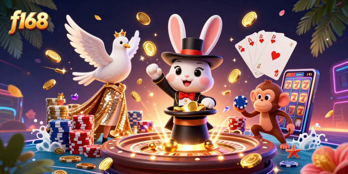 Experience the thrill of f168 gaming with a dynamic scene featuring a magician rabbit, dazzling coins, and poker chips.