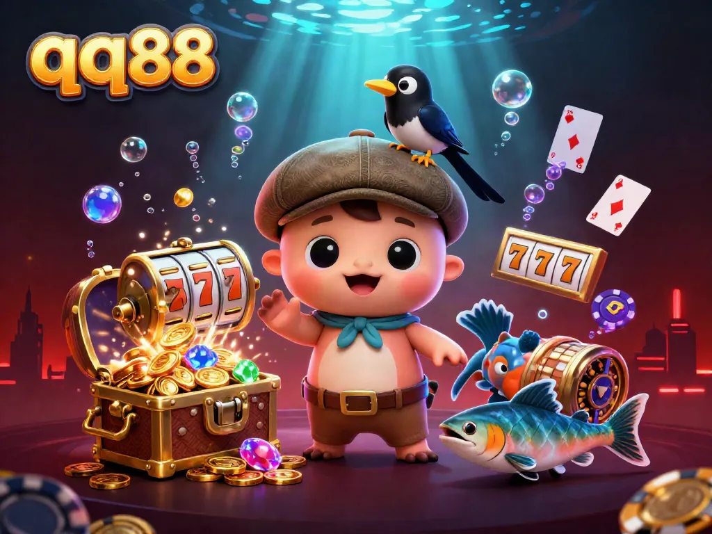 Engage with qq88's vibrant casino world featuring slots, cards, and charming underwater characters.