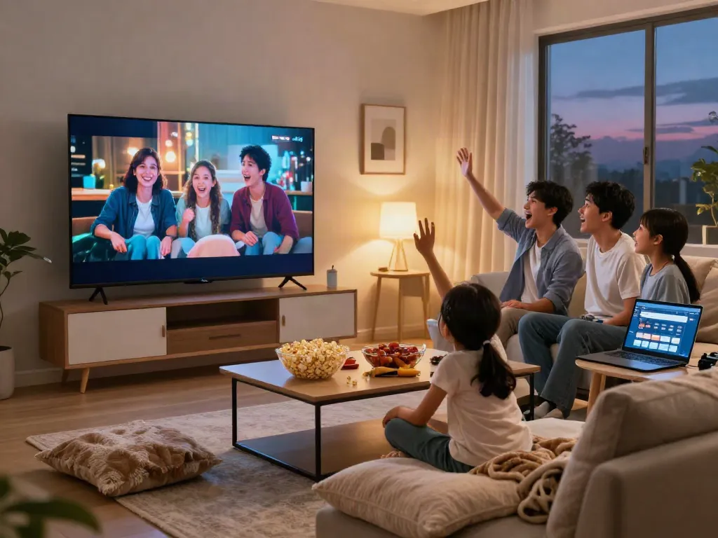 Family enjoying a movie night using the MovieBox Pro app in their cozy living room.