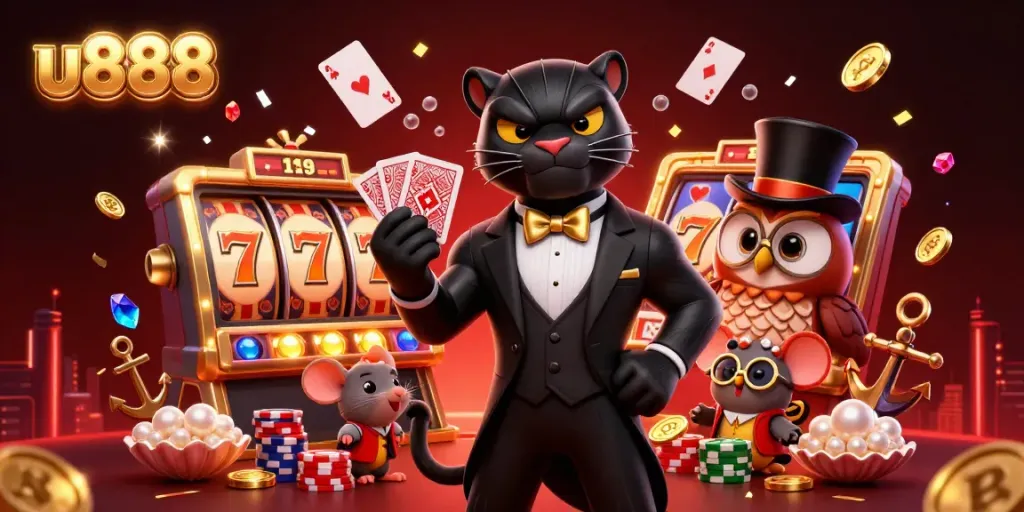 Engage with u888's vibrant gaming scene, featuring a panther dealer and lucky characters amidst slot reels and treasures.