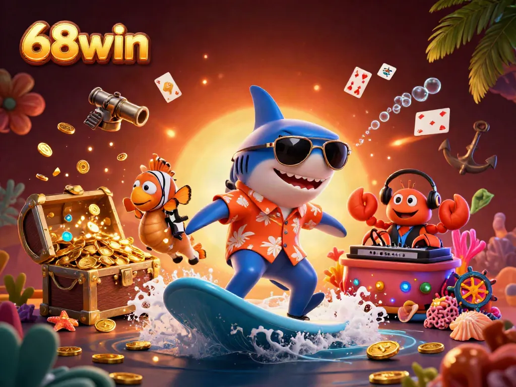 Experience 68win's thrilling gold coin adventure with a shark surfing and vibrant characters celebrating wins.
