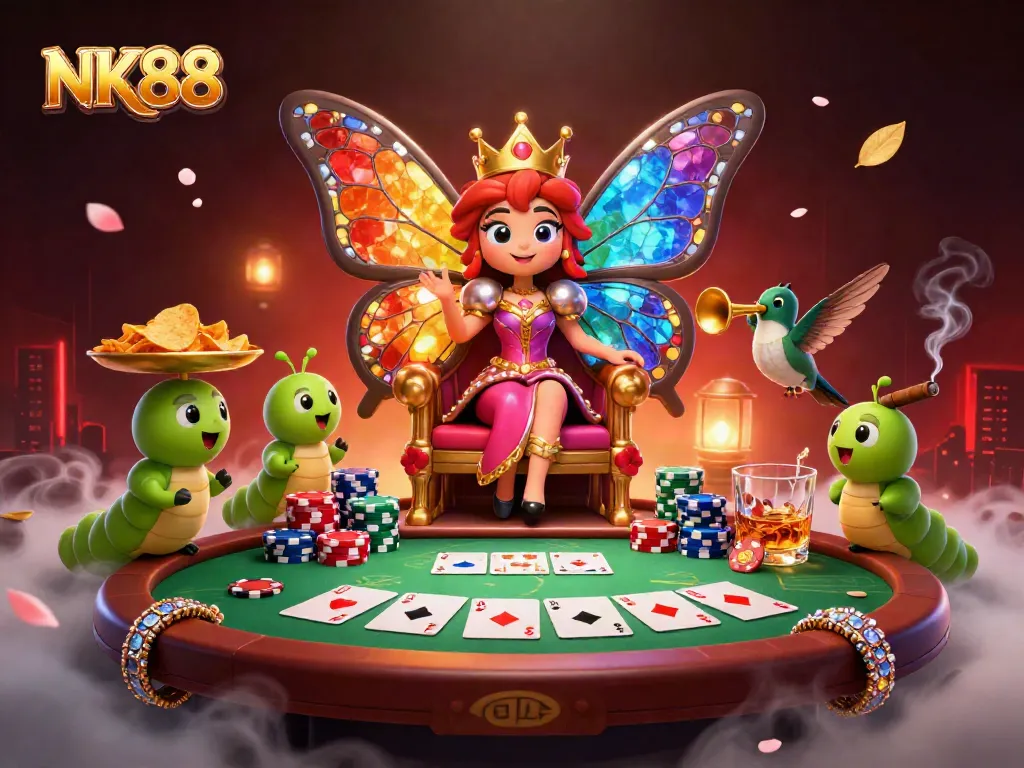 Engage with NK88's vibrant online poker scene featuring a whimsical butterfly queen and dynamic gaming elements.