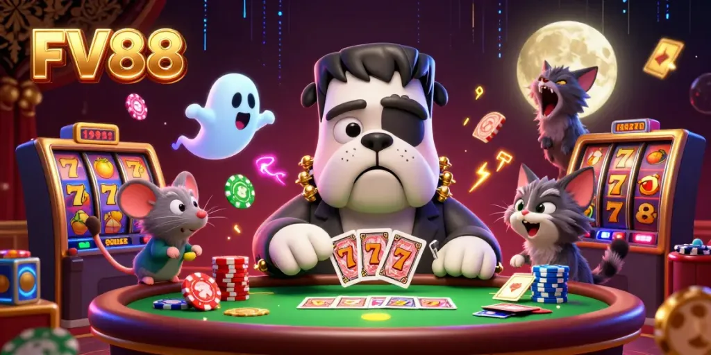 Experience the thrilling action at FV88 with a magical casino scene featuring vibrant characters and slots.