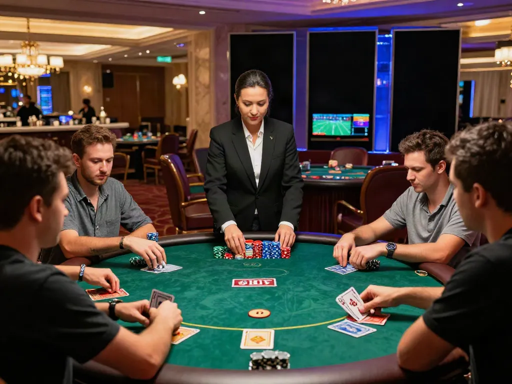 Players at H19 trang chủ engaged in a lively poker game with a professional dealer.