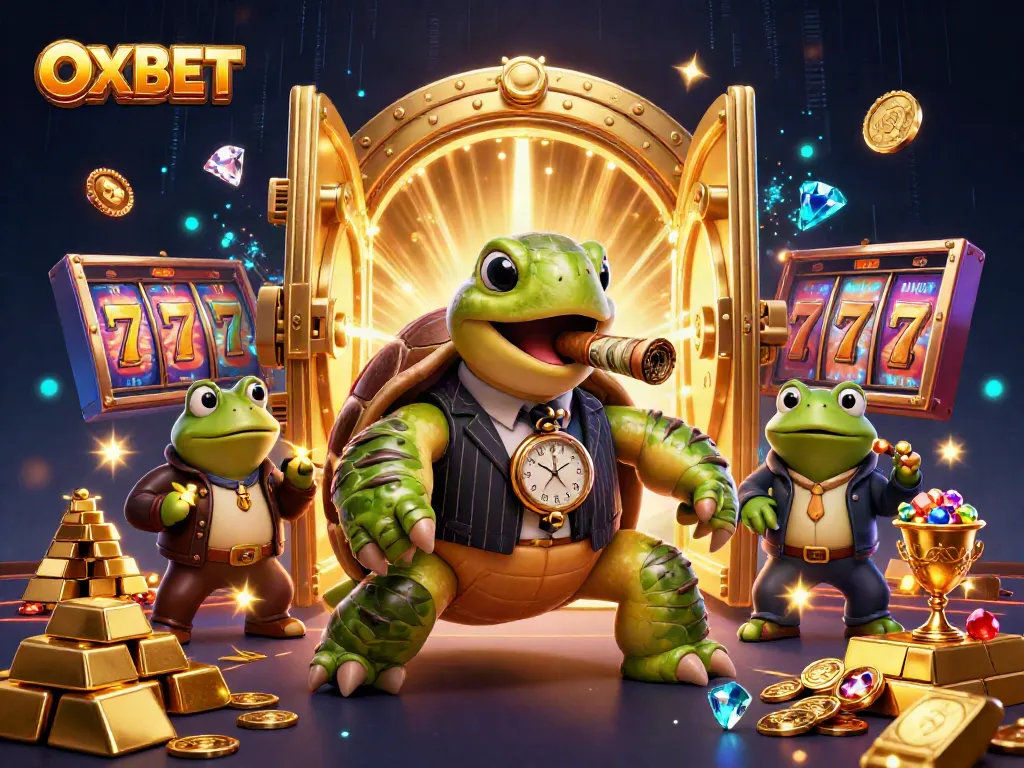 Join the fun with OXBET, where a massive snapping turtle plans big wins surrounded by dazzling casino treasures.
