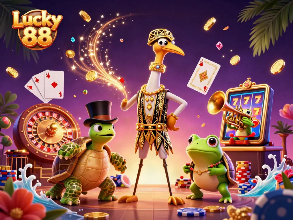 Experience the excitement of Lucky 88 with colorful characters, shining coins, and vibrant casino elements.