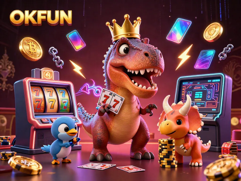 Engage in thrilling games at OKFUN with vibrant characters and slot elements in a lively casino setting.