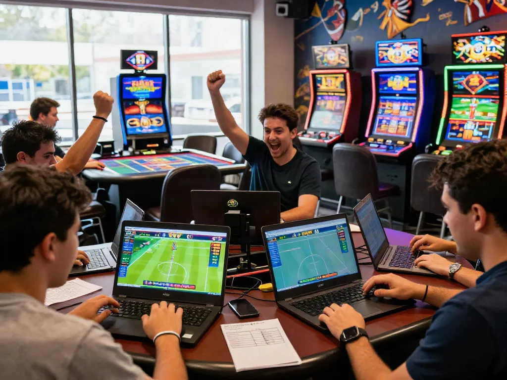 Engaging online betting scene featuring lotus365 with players excitedly placing bets on cricket, football, and tennis.