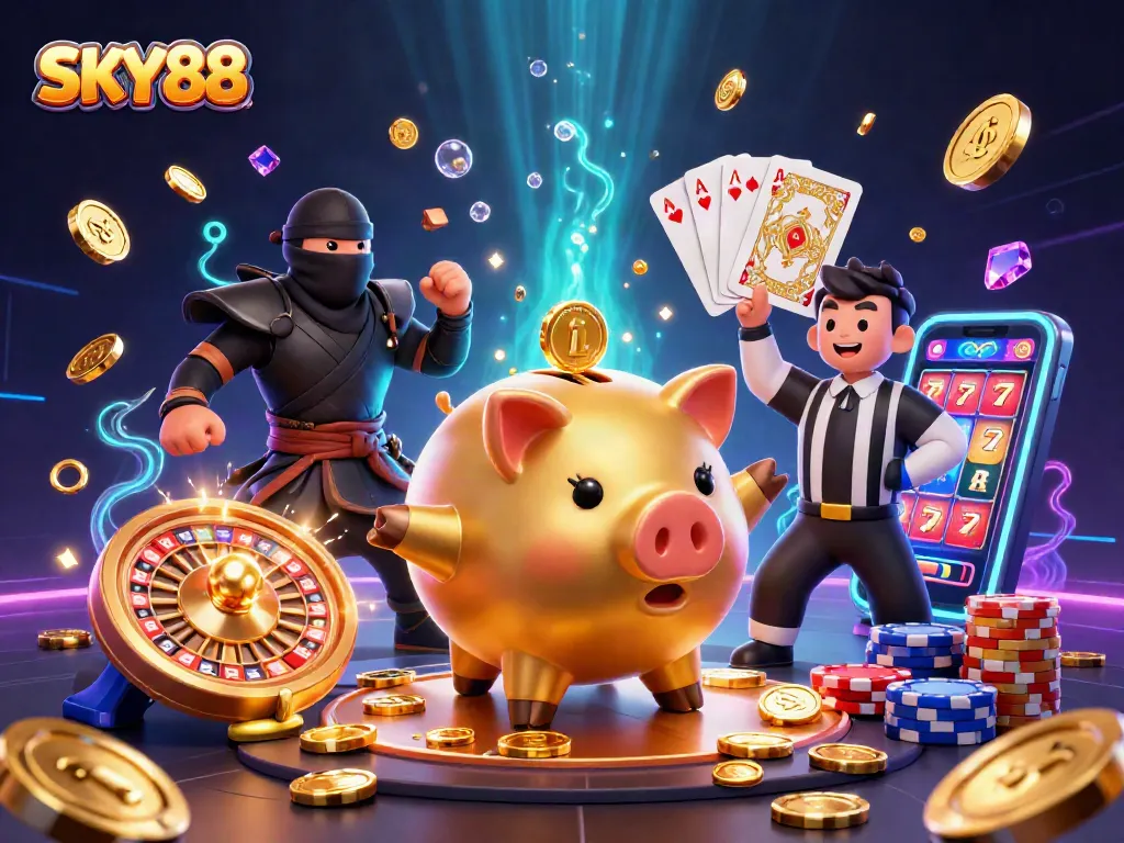 Engage in thrilling gaming adventures at SKY88, featuring festive 3D casino characters and dynamic gambling elements.
