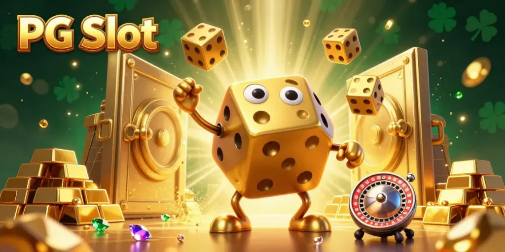 Experience the excitement of PG Slot with a dazzling 3D illustration of a golden dice golem juggling wealth in a vibrant casino.