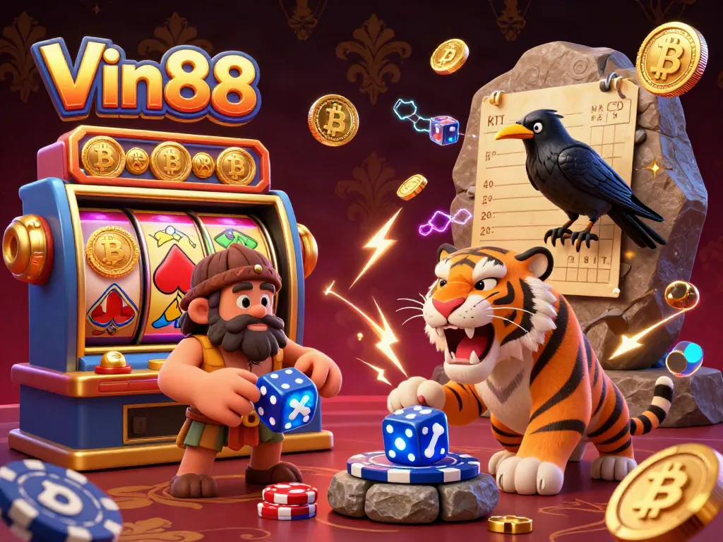 Experience the excitement of Vin88 with lively cavemen characters playing in a vibrant casino scene filled with glowing jackpots.