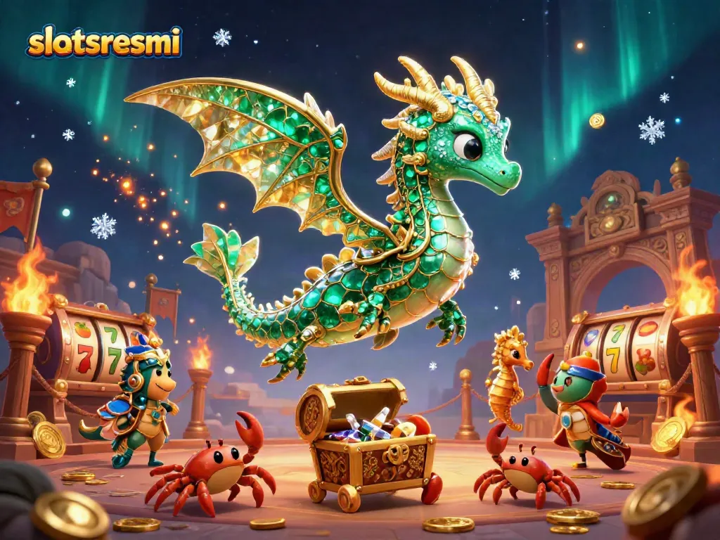 Engage with slotsresmi's unique treasures featuring a vibrant sea dragon, slot elements, and rich ambiance.
