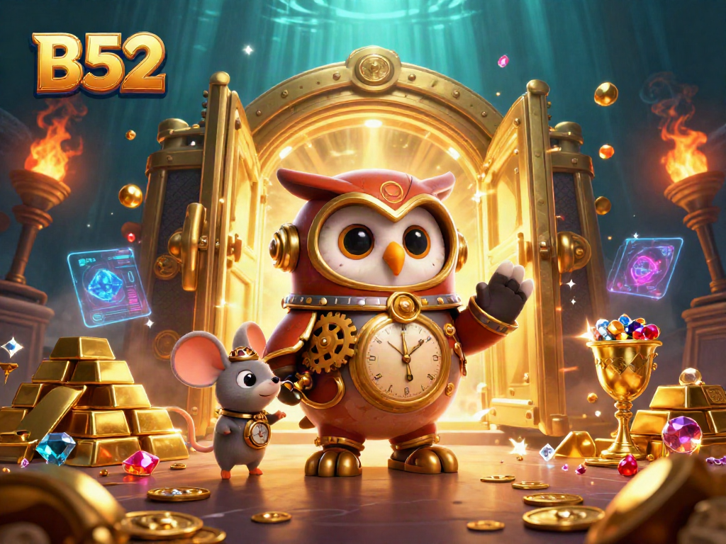 Engage in thrilling B52 gaming adventures with the time-traveling owl and clockwork mouse in a dynamic casino scene.