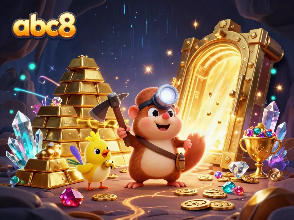 Play and win at abc8 with an adventurous mole and treasure-filled cave in 3D illustration.
