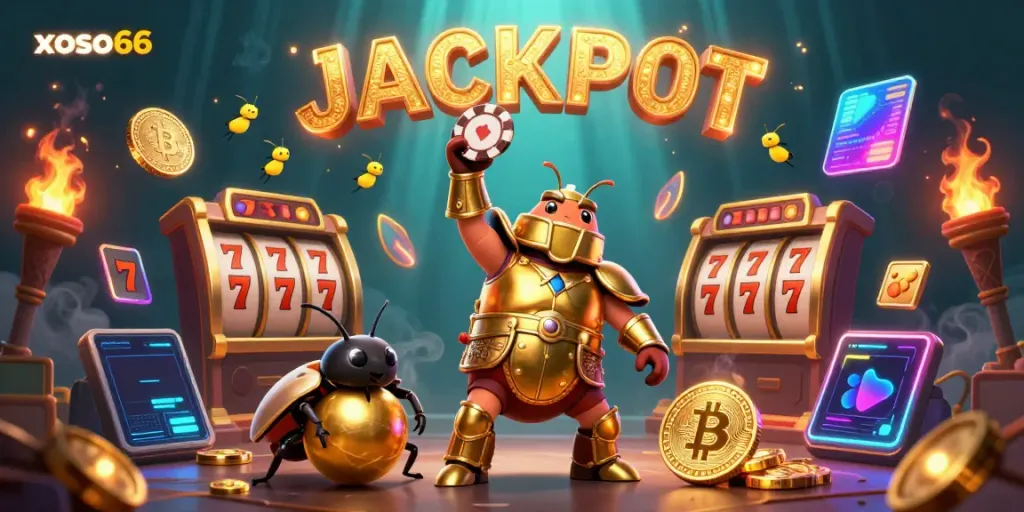 Engage in thrilling gameplay at xoso66 with an imaginative scene of a gladiator beetle celebrating a jackpot.