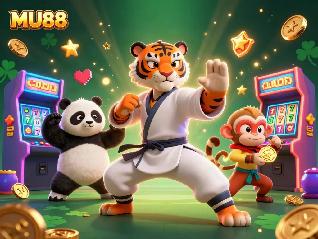 Slot characters and exciting elements display a dynamic MU88 gaming atmosphere.